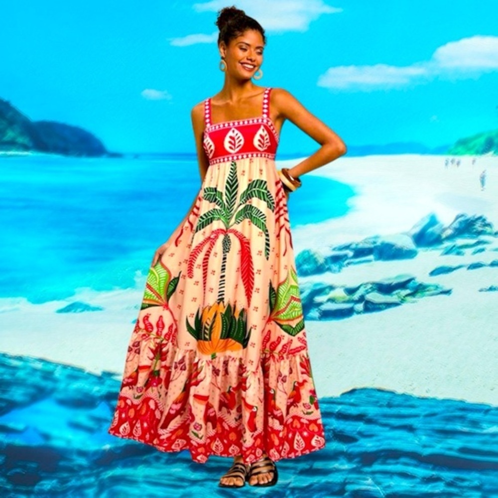 Tropical Plants Print Ruffle Hem Maxi Cami Dress,Sun Dress - Picture 2 of 5